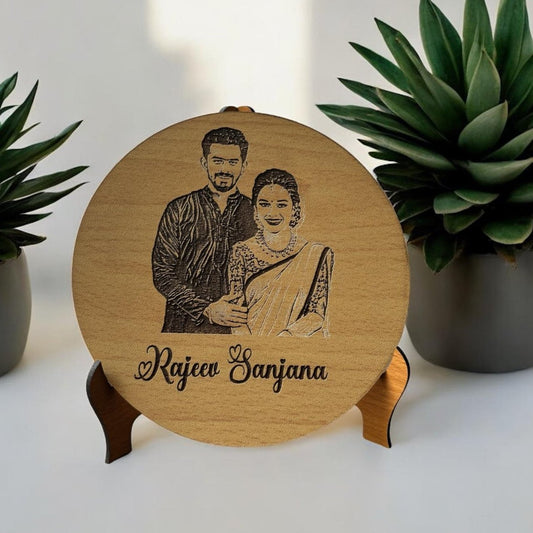 Personalized Wooden Engraved Photo Plaque - Custom Couple Portrait with Names